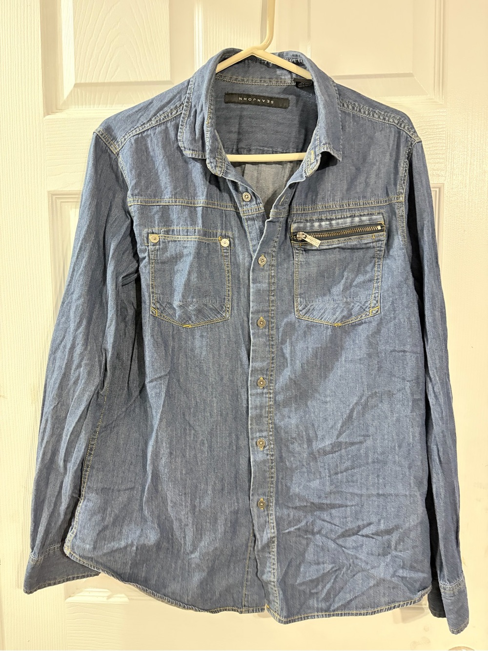 Sean John Men’s L Blue Denim Chambray Utility Button Up Shirt Y2K
